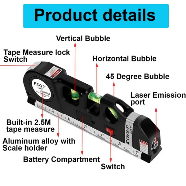 4 in 1 Fixit Laser Level Pro 3 4in1 Multi-Purpose Measuring Tool With 8 Feet Tape - Image 5